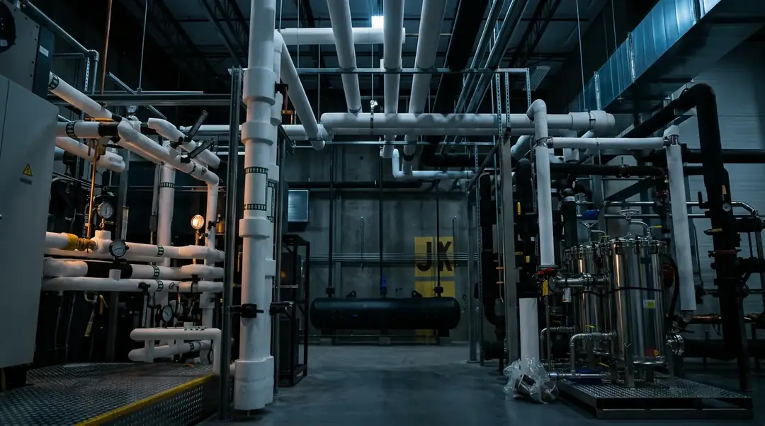 Julius Mechanical insulator wrapping a commercial chilled water pipe in a Massachusetts mechanical room